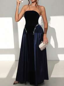 SHEIN 女士无袖珍珠装饰丝绒缎面拼接连衣裙 - 藏蓝色 - 查看 1