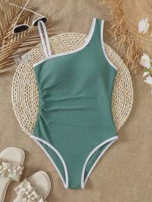 SHEIN Áo tắm liền thân phối màu dành cho bé gái tuổi teen, thích hợp đi biển/nghỉ dưỡng. - màu xanh lá - Xem 3