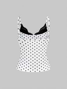 ROMWE Spring/Summerpolka DotWomen's Modern Polka Dot U-Neck Lace Trim Camisole - White - View 2