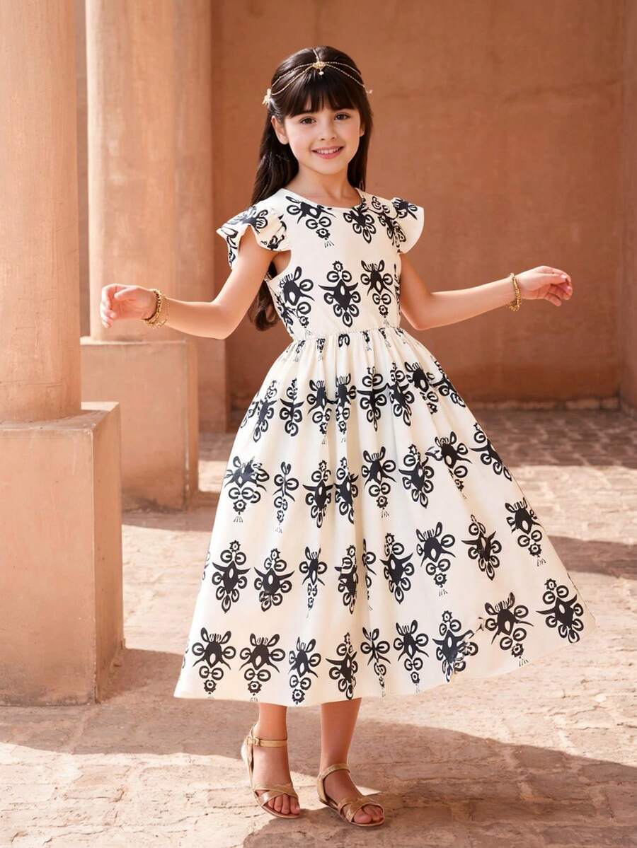 SHEIN Explorewe Đầm dài tay ngắn, thắt eo, họa tiết hoa retro dành cho bé gái tuổi teen - màu đen - Xem 1