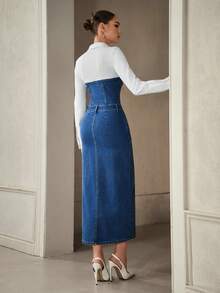 Selenza Women's Fashionable Color Block Fitted Denim Dress - Multicolor - View 2