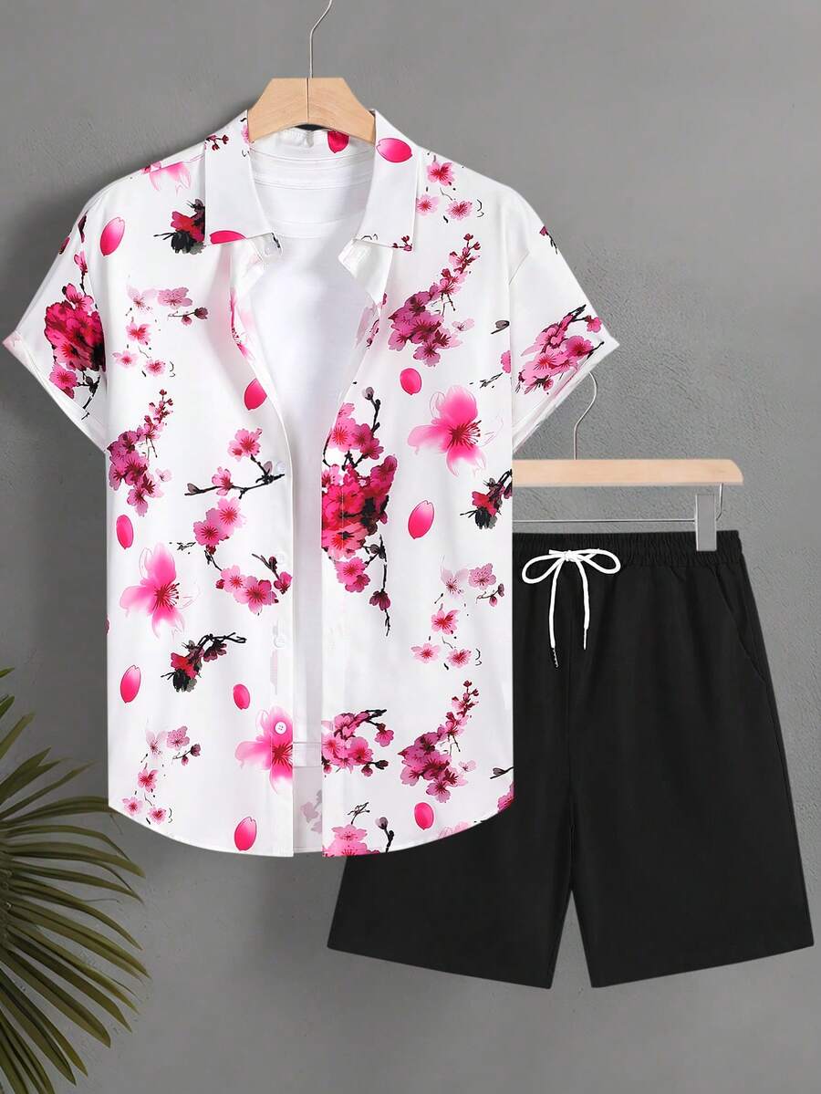 Manfinity Swimmode 印花短袖纽扣衬衫短裤套装，休闲款 - 彩色 - 查看 1
