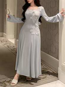 DAZY Romantic Asymmetric Collar Ruffle Trim Fitted Waist Long Women Nightgown - Light Grey - View 3