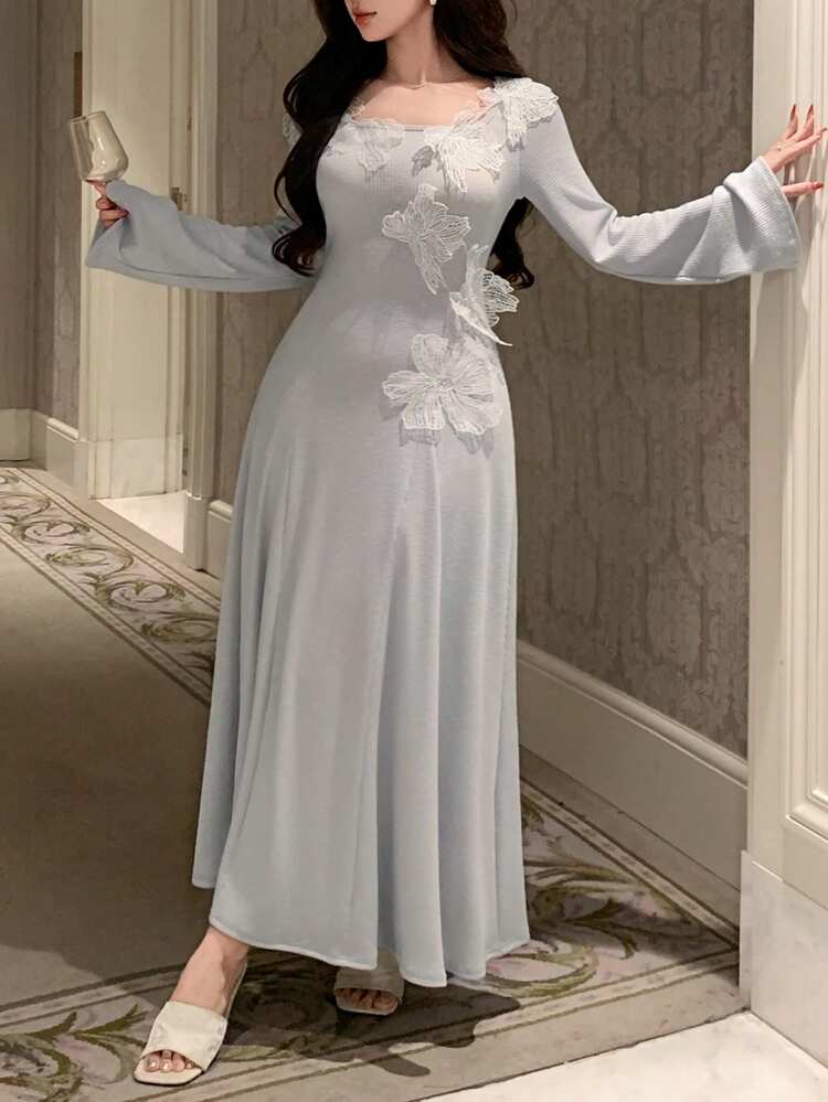 Romantic Asymmetric Collar Ruffle Trim Fitted Waist Long Women Nightgown