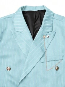 Manfinity Mode Men's Striped Print Peak Collar Double-Breasted Suit Jacket And Pants Set, Business/Party/Banquet - Blue - View 6