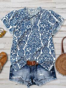 Linhara 大码女式夏季荷叶边V领蝴蝶结印花双层袖休闲度假衬衫短袖夏季上衣女式夏季衬衫上衣女式夏季衬衫蓝白上衣夏季休闲上衣 - 藍白色 - 查看 3