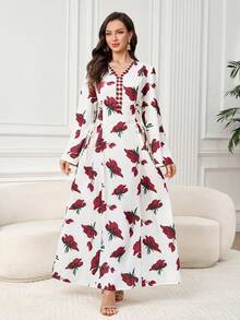 Yasmyna 女士印花V领腰带设计优雅阿拉伯连衣裙 - 彩色 - 查看 3