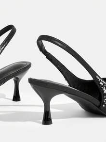 CUCCOO TILAWA Silver Toe Open Pointed-Toe Rhinestone Satin Wedding Heels For Women For Christmas Valentine's Day - Black - View 4
