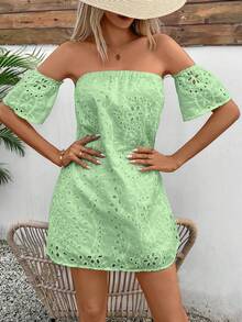 Glamine Women's Mint Green Summer Boho Off Shoulder Dress,Hollow Out Embroidered Pattern Mini Beach Dress,Holiday Vacation Outfit Cover Up,Solid Color - Green - View 5