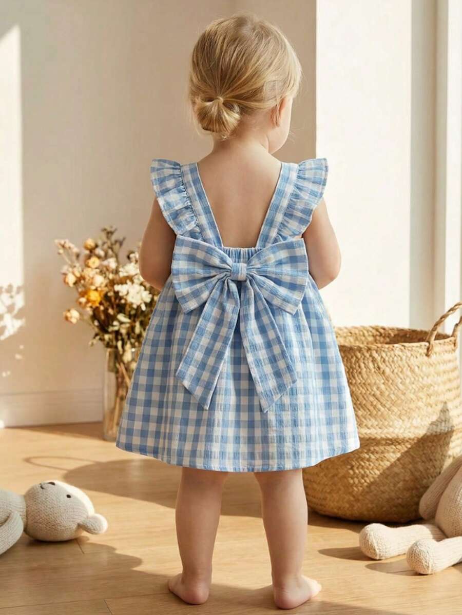 SHEIN Baby Girls' Casual Cute Plaid Bow Ruffle Hem Dress, Suitable For Spring/Summer Outings, Vacations, Parties, Birthdays, And Daily Wear - Blue - View 1