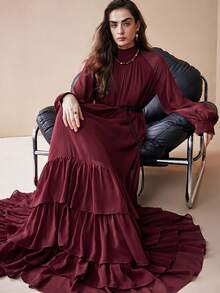 Arave Women's Elegant Loose Fit Chiffon Layered Ruffle Collar Dress New Year - Burgundy - View 11