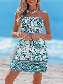 Sylviya Spring Floral Print Crop Top Mini Dress, Romantic For Vacation, Dating Rave Outfits Festival - Green - View 3