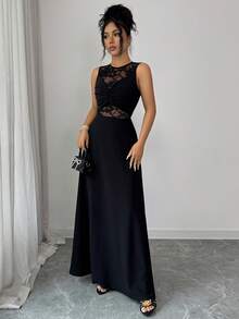 Elenzga Women's Elegant Romantic Sexy Party Lace Patchwork Round Neck Twist Waist Flowy Dress - Black - View 4