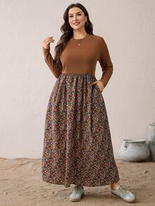 SHEIN Essnce Women's Plus-Size Brown Polka Autumn Boho Vacation Maxi Dress,Long Sleeve Floral Waist Dress With Pockets,Casual Spring Country Style - Brown - View 1