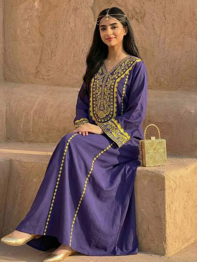 SHEIN Teen Girls' Blue, Navy & White Floral Print Loose Robe, Middle Eastern Style Vacation Abaya Dress