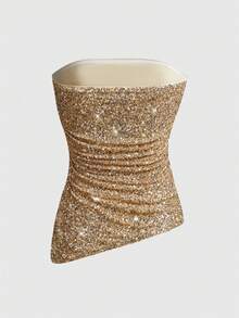 ROMWE Women's Sexy Glitter Ruched Bandeau Top, Suitable For Party And Music Festival - Gold - View 2