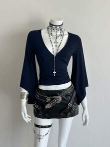 EgrlEra 女士纯色V领休闲百搭日常长袖T恤 - 寶藍色 - 查看 6