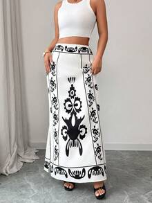 SHEIN Elenzya Falda larga con estampado elegante de patrón de Oriente Medio para mujeres - Multicolor - Ver 6