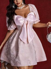 Viva Relle 大码女式粉色方领缎面拼接蝴蝶结装饰短袖迷你连衣裙，适合机场出行、旅行、生日派对、正式场合、晚宴、婚礼宾客等场合，浪漫连衣裙，夏季女装，粉色连衣裙 - 粉色 - 查看 1