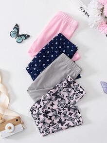 SHEIN Playful Pals 4 Pairs Baby/Baby GirlCasual Floral Print & Solid Color Leggings, Suitable For All Seasons - Multicolor - View 4