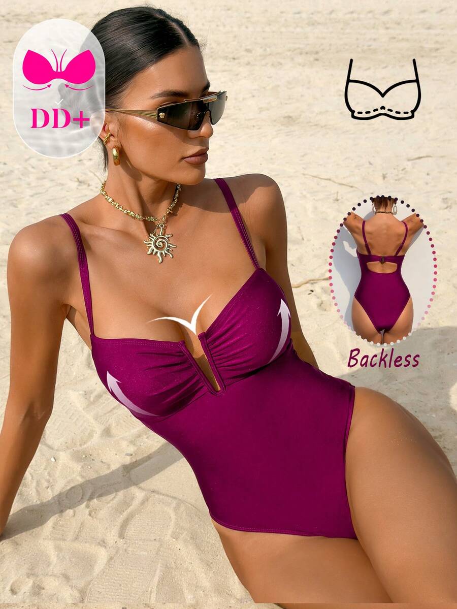 Swim DD+ 1pc Women's DD+ Cup Sexy U-Neck Cutout Back Hollow Out One-Piece Swimsuit, Spring/Summer - Burgundy - View 1