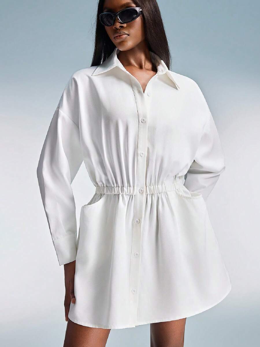 Aveloria GENKIRA New Oversized Simple White Casual Loose Dual Pocket Cinched Waist Versatile Long Sleeve Dress - White - View 1