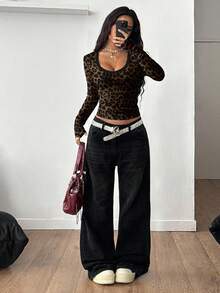 Coolane 女士Y2K街头风豹纹长袖T恤，休闲舒适，秋冬性感猎豹上衣 - 彩色 - 查看 6