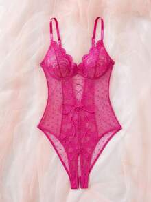 1pc Women's Sexy Lace & Mesh Bodysuit - Hot Pink - View 3