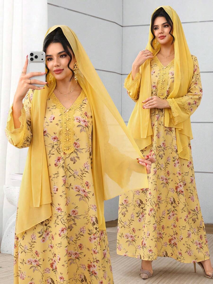 Yasmyna V领雪纺蕾丝拼接印花连衣裙，配头巾，粉色 - 黃色 - 查看 1