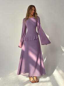 Aloruh 女士优雅露肩喇叭袖荷叶边腰部系带露背连衣裙，灰紫色 - 淺灰紫 - 查看 9