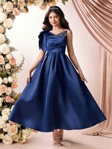 Pitira Teen Girl Navy Blue Embroidered Elegant Woven Dress Girls Royal Blue Dress Elegant Navy Blue Dress Blue Party Dress Royal Blue Formal Dress Bridesmaid Blue Dress - Navy Blue - View 4