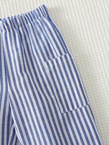 Cozy Pixies 男女童蓝白条纹松紧腰侧袋休闲裤，百搭舒适 - 藍色 - 查看 5