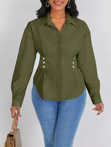 SHEIN LUNE Áo sơ mi nữ dài tay màu trơn, dáng ôm, kiểu dáng tối giản, phù hợp cho công sở và mùa thu. - xanh quân đội - Xem 5