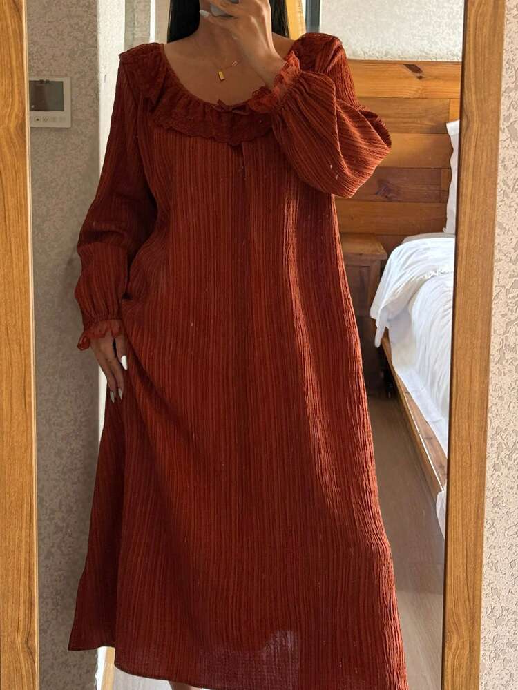 Women's Lace Ruffle Collar Tie Back Textured Chiffon Loose Lantern Sleeve Nightgown