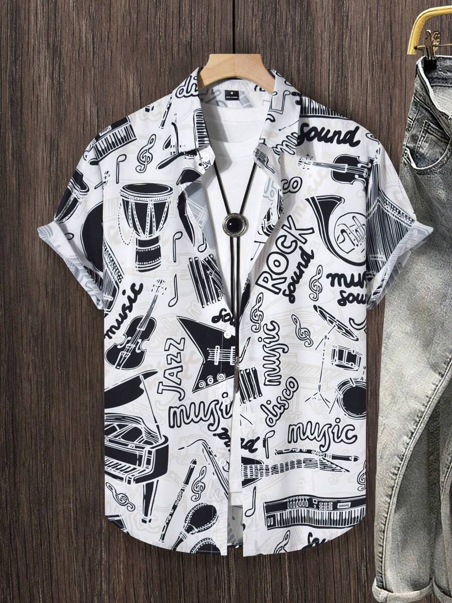 Manfinity Homme 男士夏季休閒全印花前開扣短袖襯衫(不對稱印花)黑白圖案襯衫 男士卡通襯衫 圖案男士襯衫 抽象男士夏季襯衫 開扣襯衫 - 白色 - 查看 1