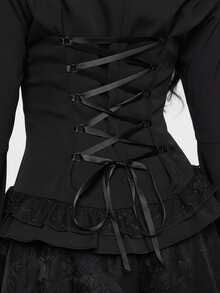 ROMWE EDITION 哥特风蕾丝喇叭袖下摆女式衬衫，适合万圣节装扮 - 黑色 - 查看 2