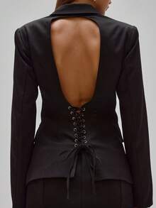 MUSERA Woven Tailored Lace Up Open Back Blazer Party Sexy Night Out Elegant Occasion Valentines Bridal Wedding Engagement Spring - Black - View 1