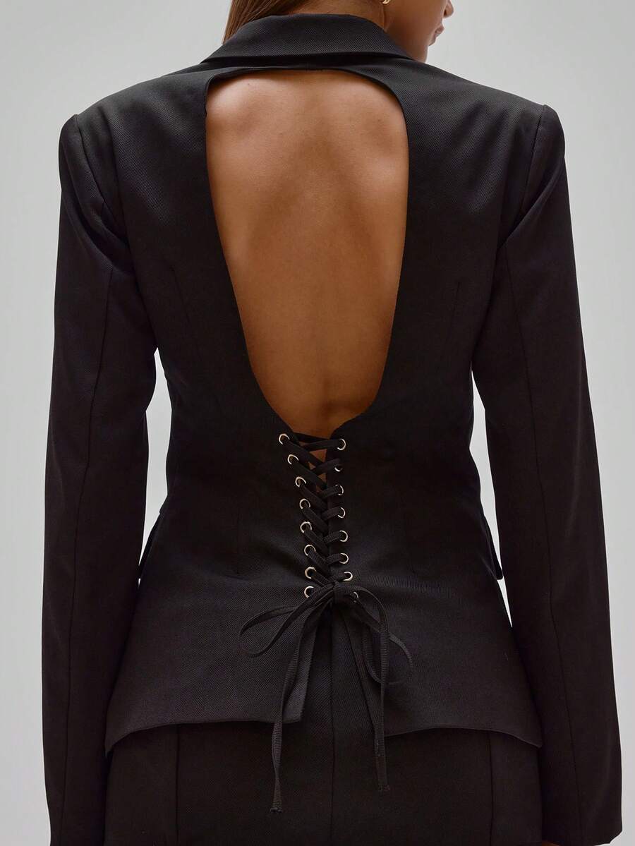 MUSERA Woven Tailored Lace Up Open Back Blazer Party Sexy Night Out Elegant Occasion Valentines Bridal Wedding Engagement Spring - Black - View 1