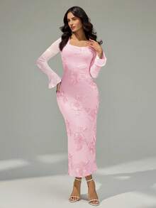 Modelyn 女士时尚优雅提花面料弹力中长连衣裙 - 淺粉色 - 查看 4