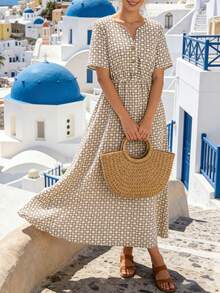 SHEIN Holidaya 女士休闲V领短袖连衣裙，适合度假休闲穿着，春夏款 - 杏色 - 查看 6