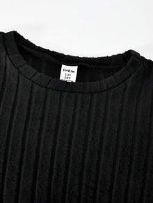 SHEIN ChillGRL MODELY Tween Girl 女童针织拉绒罗纹拼布 PU 皮革下摆连衣裙，串珠袖子和腰带装饰，甜美淑女风格，适合春秋季休闲、派对、度假 - 黑色 - 查看 6