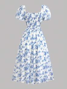 Girlism Đầm midi dáng chữ A tay phồng, nhún bèo ngực eo, họa tiết hoa màu xanh dương dành cho thiếu nữ, kiểu dáng thanh lịch, sang trọng, thích hợp cho kỳ nghỉ, ngày lễ tình nhân và các dịp lễ khác. - Xanh và trắng - Xem 2