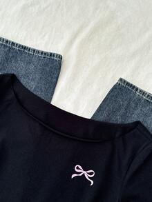 SHEIN Áo thun nữ tuổi teen in hình nơ, vai lệch. - màu đen - Xem 5