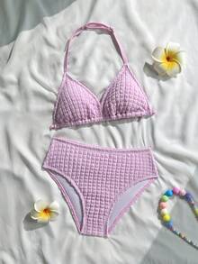 SHEIN 少女提花纹理挂脖比基尼套装，莲藕粉色 - 藕粉色 - 查看 1