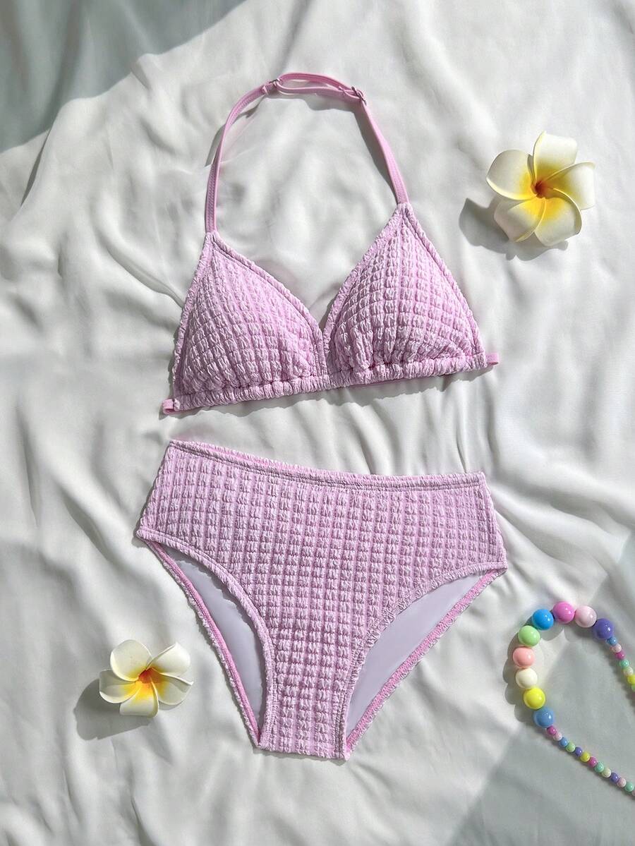 SHEIN 少女提花纹理挂脖比基尼套装，莲藕粉色 - 藕粉色 - 查看 1