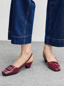 CUCCOO BIZCHIC Burgundy Square Toe Backless Mid-Heel Buckle Strap Women Shoes, Chunky Heel - Burgundy - View 2