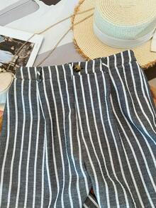 Franclia French Retro Casual Vacation Black & White Striped Elastic Waist Comfortable Slimming Wide Leg Straight Women's Pants, Summer Linen Trousers - Dark Grey - View 3