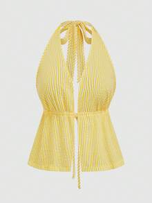 Sweetra 夏季休闲纹理条纹吊带背心和阔腿裤加大码女装两件套 - 彩色 - 查看 11