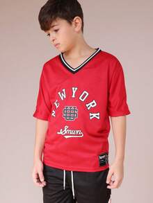 SUMWON New York Basketball Jersey Style Crew Neck Short Sleeve Tee With Athletic Shorts Set Casual Vacation - Red - View 3