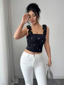 Elenzga Elegant French Jewel Decor Rhinestone Camisole Sleeveless Knit Elastic Bodycon Tight Black Top, Fashionable For Vacation Wear, Layering Or Standalone, Spring/Summer Women Top Ribbed Top Studded Top Ruffle Top - Black - View 6